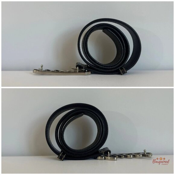 Authentic GUCCI Black Leather Silver Italics Script Logo Buckle Belt 90/36 - Picture 7 of 13